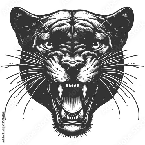 fierce roar growling panther head. Tattoo design, evoking a wild and powerful presence sketch engraving generative ai vector illustration. Scratch board imitation. Black and white image.