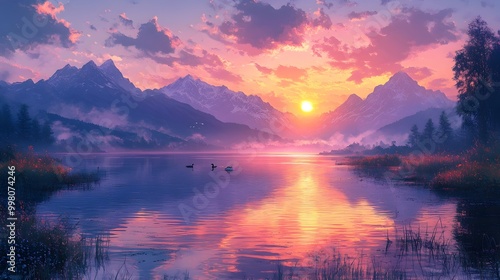 Wallpaper Mural Tranquil Lakeside Sunset with Mirrored Mountain Reflections Torontodigital.ca