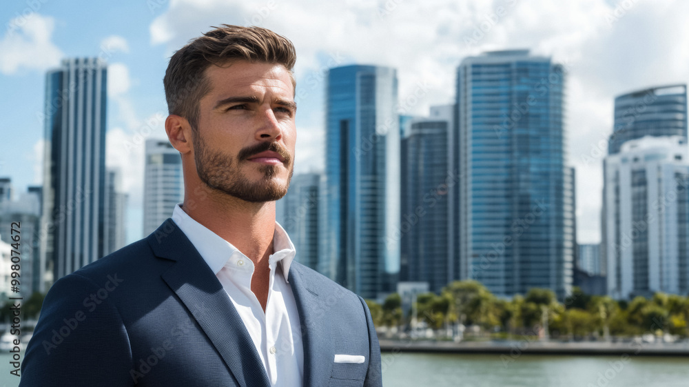 Confident man with a perfectly groomed chevron mustache wearing a tailored suit standing against a modern city skyline Confident man with a perfectly groomed chevron mustache wearing a tailored suit standing against a modern city skyline
