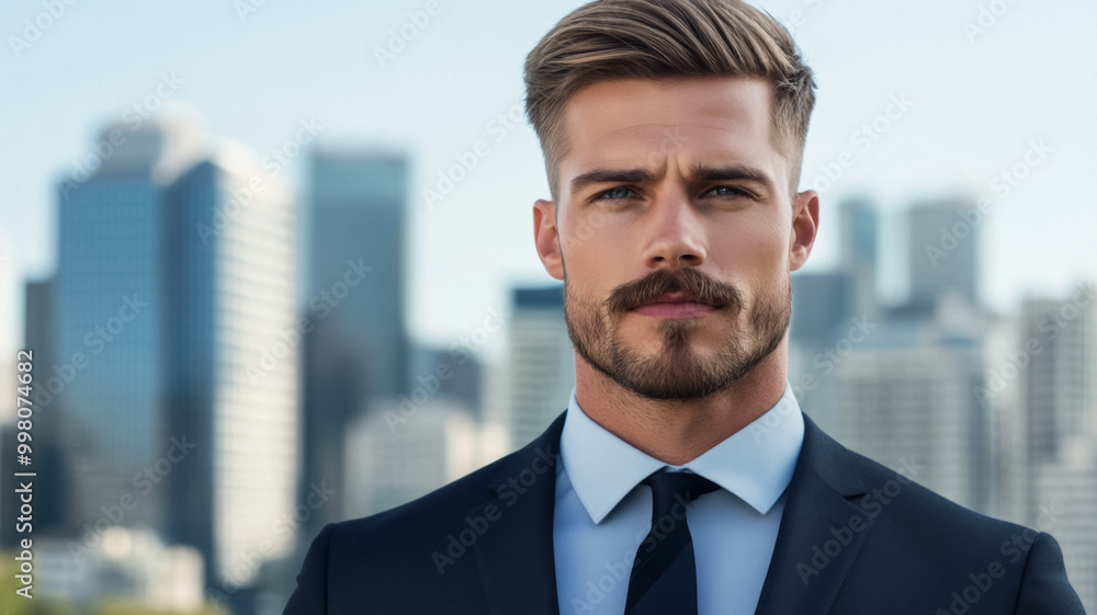 Confident man with a perfectly groomed chevron mustache wearing a tailored suit standing against a modern city skyline Confident man with a perfectly groomed chevron mustache wearing a tailored suit standing against a modern city skyline