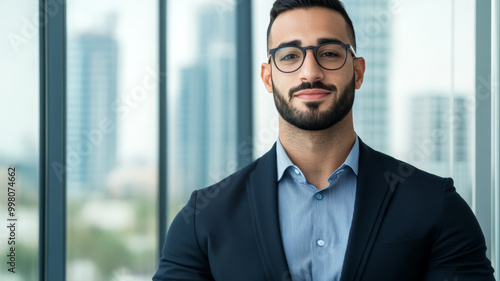 Confident male entrepreneur in a modern office standing by a glass wall with city skyline in the background 