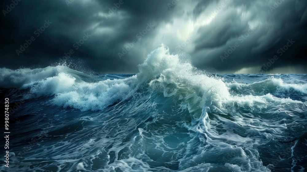 Ocean waves crashing against each other under a dramatic stormy sky, showcasing nature s power and beauty through turbulent waters and dark clouds Ocean waves crashing against each other under a dramatic stormy sky, showcasing nature s power and beauty through turbulent waters and dark clouds