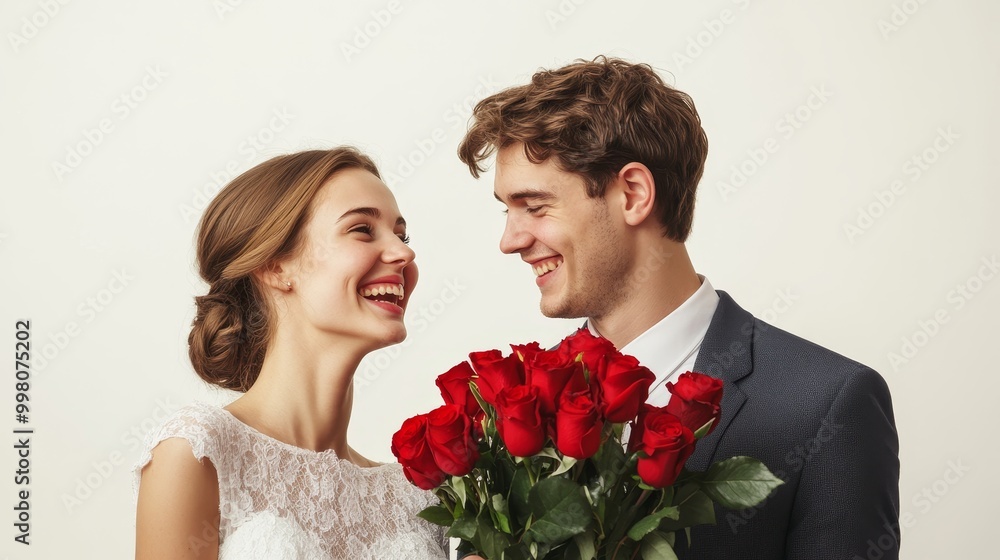 Expressions of Love Joyful Young Couple in Wedding Attire with Bouquet of Roses, Blank Background for Anniversary Designs Expressions of Love Joyful Young Couple in Wedding Attire with Bouquet of Roses, Blank Background for Anniversary Designs