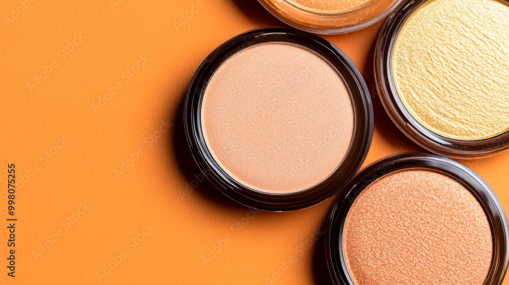 Creamy chestnut and gold highlighter swatches with a soft shimmer reflecting light on a burnt orange fabric Creamy chestnut and gold highlighter swatches with a soft shimmer reflecting light on a burnt orange fabric