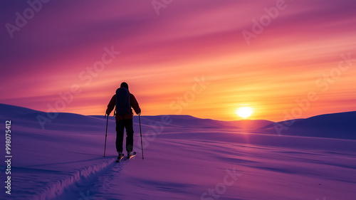 Cross country skiing through a vast snowy plain setting sun colorful skies winter endurance sport freedom in nature 