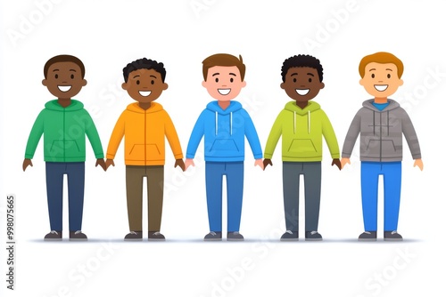 Row of five children standing with different skin tones symbolizing childhood diversity equality and inclusion in a simple minimalistic design with vibrant clothing colors