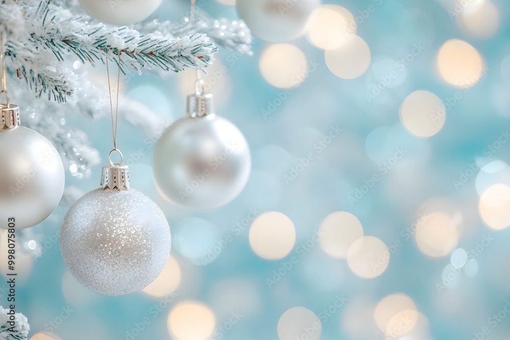 A tree branch is covered with white Christmas ornaments A tree branch is covered with white Christmas ornaments