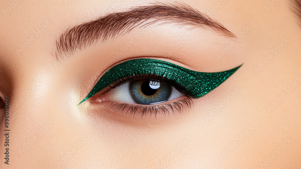 Fototapeta premium Deep emerald green eyeliner stroke with a metallic sheen sharp edges contrasting against a light beige background