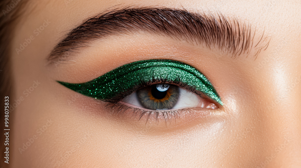 Fototapeta premium Deep emerald green eyeliner stroke with a metallic sheen sharp edges contrasting against a light beige background 