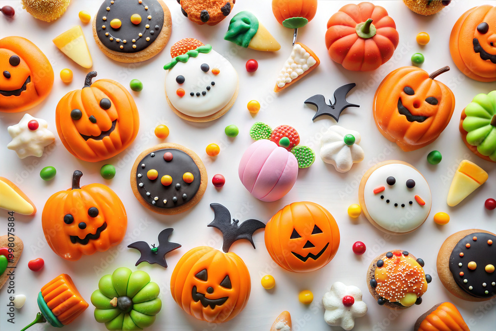 Flat lay pattern of halloween cookies and sweets. Halloween sweets white background Flat lay pattern of halloween cookies and sweets. Halloween sweets white background