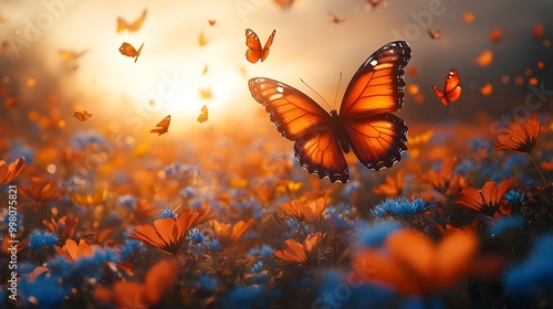 Vibrant Fluttering Swarm of Butterflies in a Blooming Flower Meadow