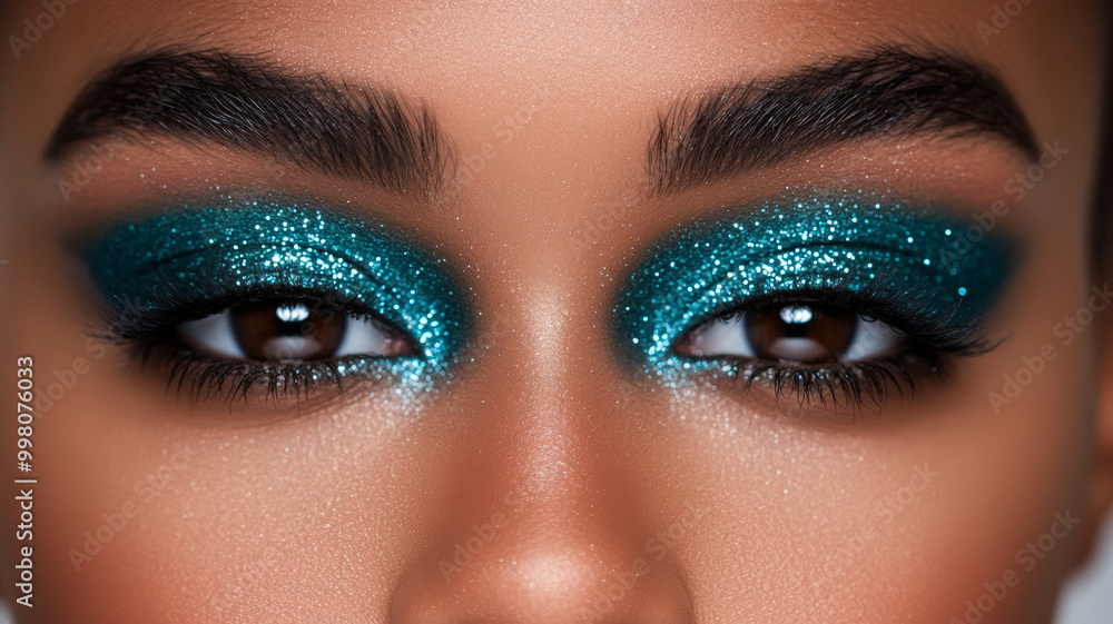 Fototapeta premium Deep icy teal eyeshadow with a metallic finish creating a sparkling contrast against a frosty white background 