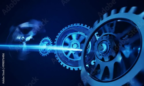 Digital abstract gears with blue light effect on dark blue background