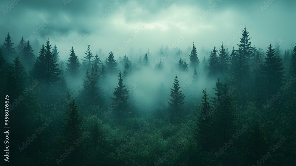 Mysterious Fog Enveloping Pine Forest Landscape Mysterious Fog Enveloping Pine Forest Landscape