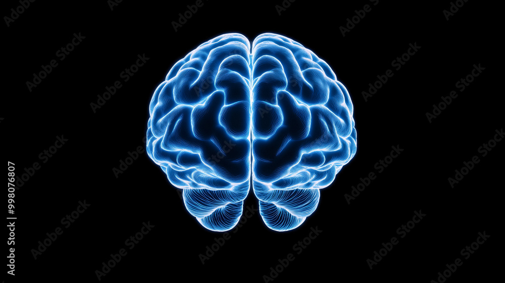 Digital brain with neon blue connections on a black gradient background symbolizing artificial intelligence and innovation Digital brain with neon blue connections on a black gradient background symbolizing artificial intelligence and innovation