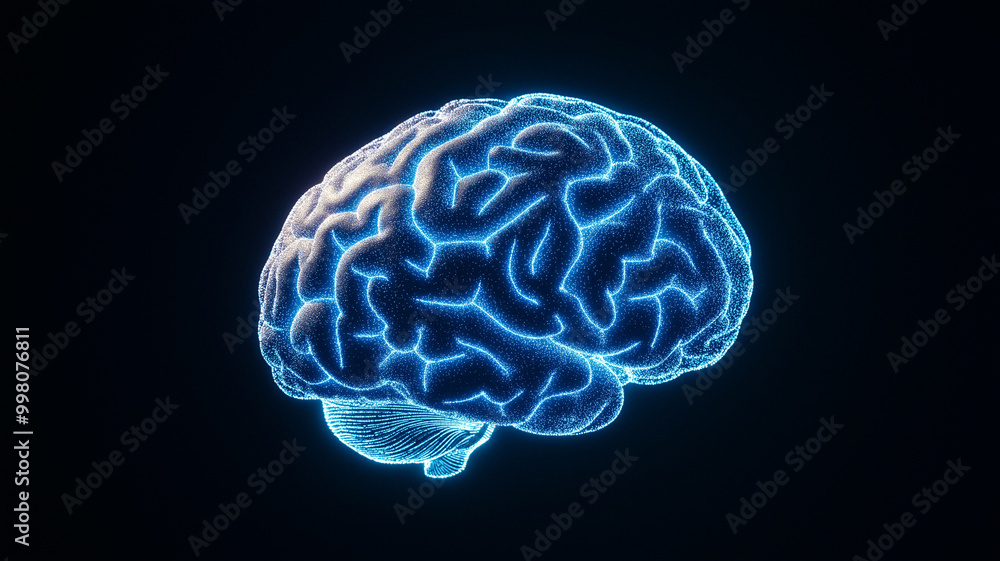 Digital brain with neon blue connections on a black gradient background symbolizing artificial intelligence and innovation Digital brain with neon blue connections on a black gradient background symbolizing artificial intelligence and innovation