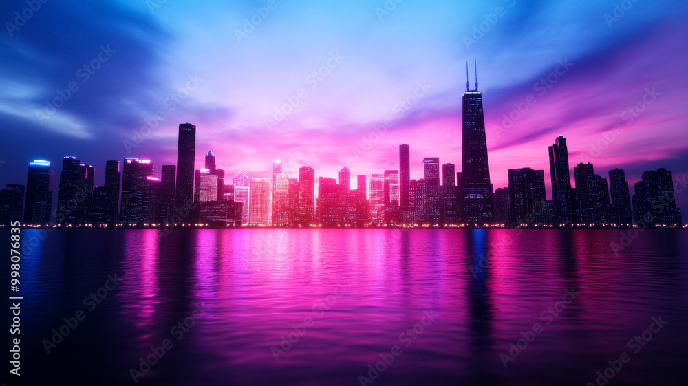 Digital neon skyline with pixel fireworks over a gradient from midnight blue to hot pink 