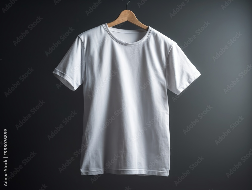 A plain white t-shirt hanging on a wooden hanger against a dark background. A plain white t-shirt hanging on a wooden hanger against a dark background.