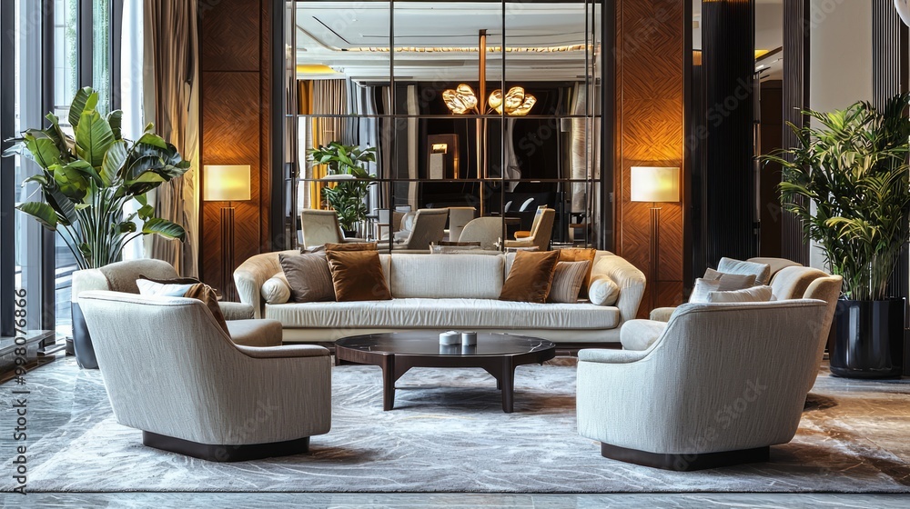 Elegant Modern Hotel Lobby with Stylish Design and Cozy Seating Area Elegant Modern Hotel Lobby with Stylish Design and Cozy Seating Area