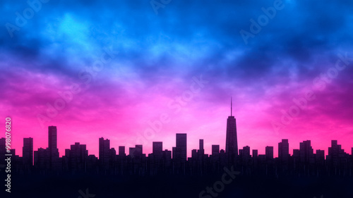 Digital neon skyline with pixel fireworks over a gradient from midnight blue to hot pink 