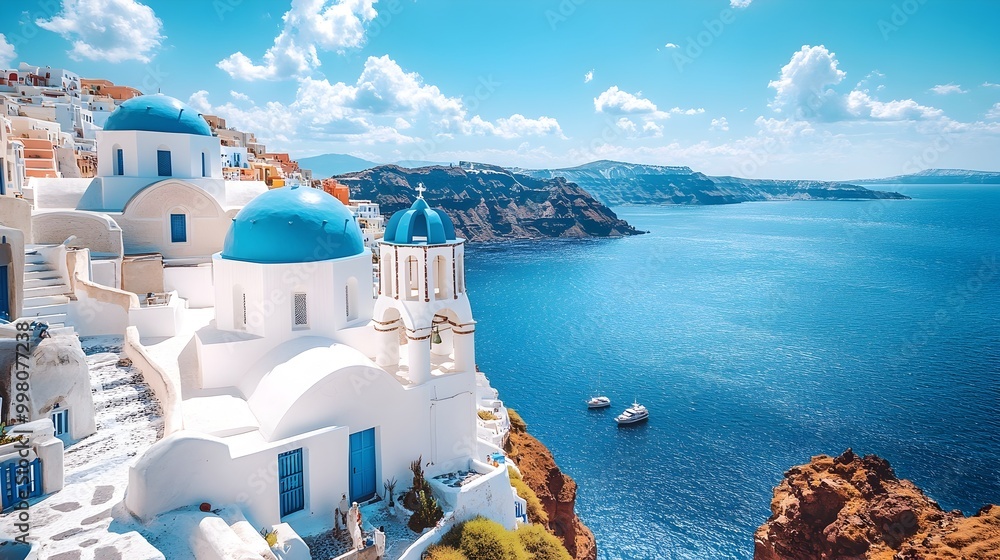 Naklejka premium Scenic View of Santorini s Iconic White Washed Buildings Overlooking Aegean Sea