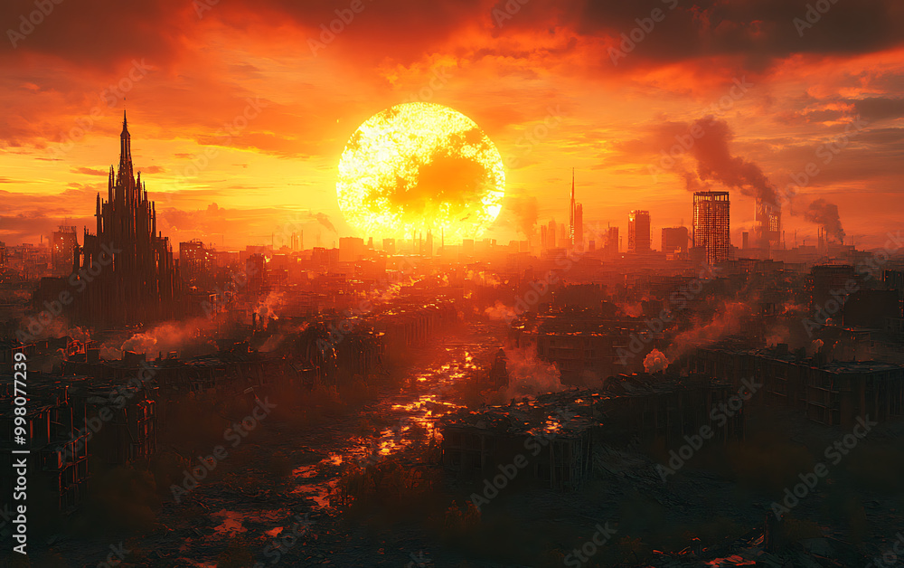 Naklejka premium Twilight of Ruin: Eerie Sunset Over Apocalyptic Cityscape