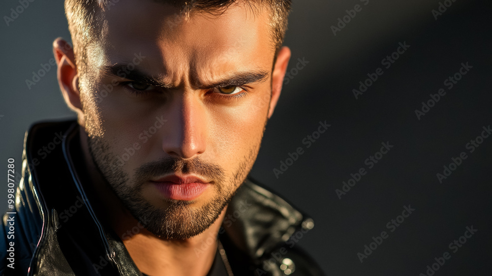 Dynamic portrait of a man in a biker jacket with dramatic backlighting shadows highlighting rugged facial features Dynamic portrait of a man in a biker jacket with dramatic backlighting shadows highlighting rugged facial features