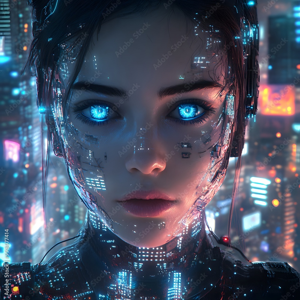 Digital portrait of a futuristic woman with glowing blue eyes. Digital portrait of a futuristic woman with glowing blue eyes.