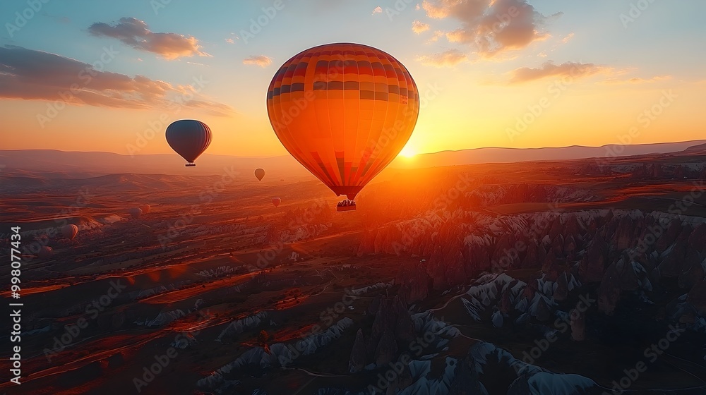 Colorful Air Balloons Soaring Over Unique Cappadocian Landscape at Sunrise Colorful Air Balloons Soaring Over Unique Cappadocian Landscape at Sunrise