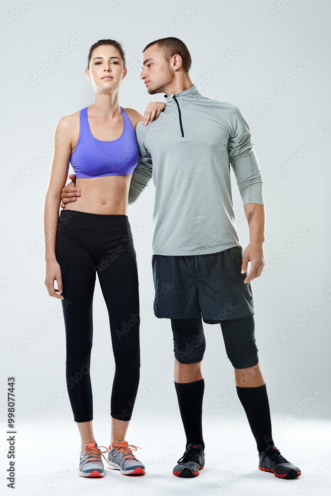 Portrait, teamwork and couple with support, exercise and motivation on white studio background. Face, healthy people and man with woman, training and workout with challenge, fitness and wellness Portrait, teamwork and couple with support, exercise and motivation on white studio background. Face, healthy people and man with woman, training and workout with challenge, fitness and wellness