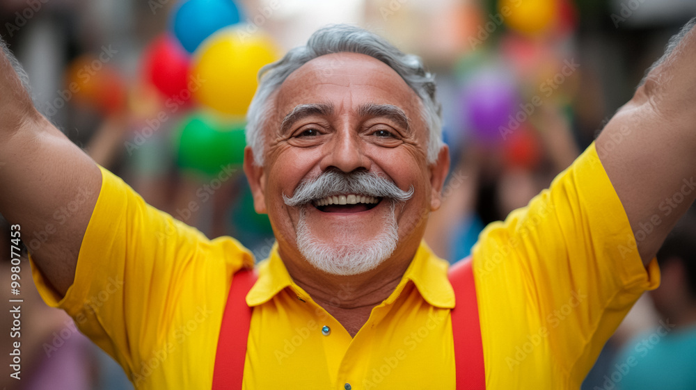 Elderly man with a thick mustache and suspenders dancing joyfully at a lively street festival colorful background Elderly man with a thick mustache and suspenders dancing joyfully at a lively street festival colorful background