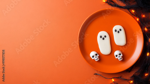 Empty orange plate with Halloween ghost shaped confetti mini skulls and twinkling fairy lights around the edge  photo