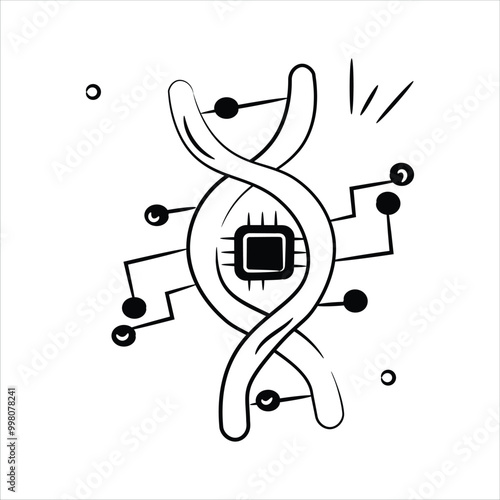 DNA strands with microchip elements, symbolizing the integration of AI in genetic engineering