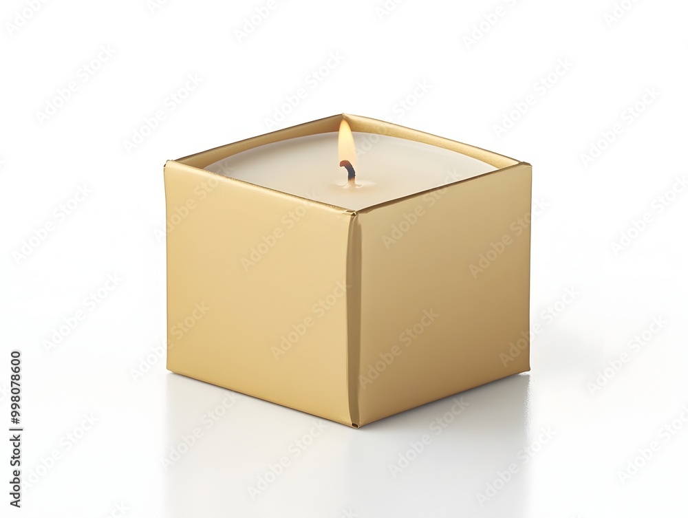 Blank Golden Luxury Candle Box with Burning Flame on White Background Blank Golden Luxury Candle Box with Burning Flame on White Background