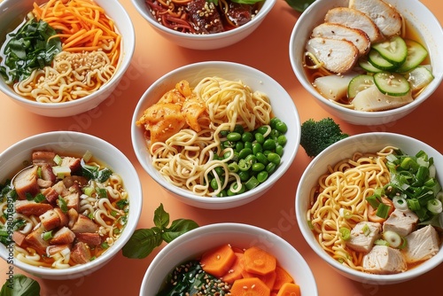 An assortment of noodle dishes in small white ceramic bowls. Include vegetable noodles, chicken noodles, vegetable ramen, and chicken ramen. Arrange the bowls on textured orange background. top view.