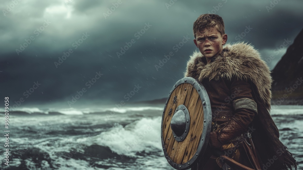 Courageous Canadian Boy Embracing his Inner Viking Warrior on Stormy Seas Courageous Canadian Boy Embracing his Inner Viking Warrior on Stormy Seas