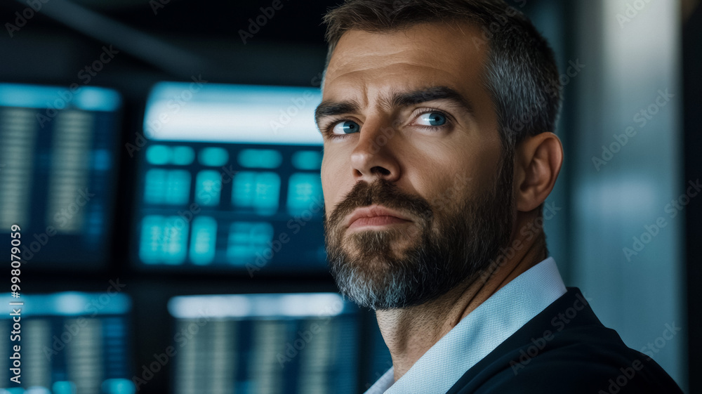 Focused male CEO in a high tech office multiple screens displaying stock markets intense and serious expression Focused male CEO in a high tech office multiple screens displaying stock markets intense and serious expression