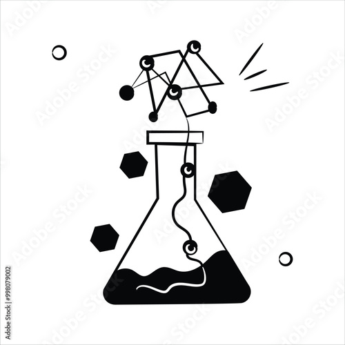 A beaker with connected nodes, representing AI role in scientific research and experimentation