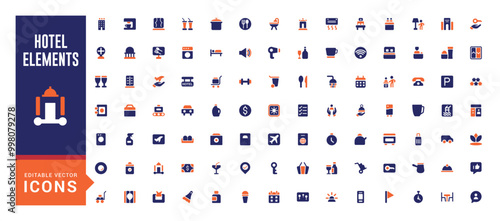 Hotel elements solid color icon set. Colorful icons related to room, service, booking, facilities and more. filled icons vector collection.