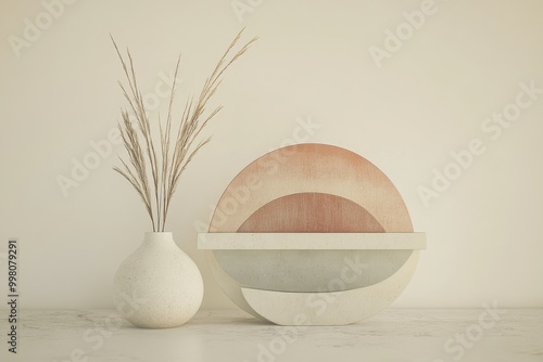 Minimalist still life of geometric ceramic objects and dried grass symbolizing simplicity balance and natural elements in a clean contemporary setting with soft neutral tones