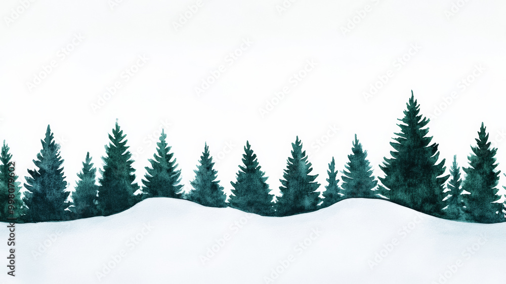 Fototapeta premium Gentle winter watercolor landscape with pine trees in muted greens and snow covered hills in soft white