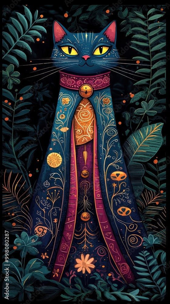 Fototapeta premium Mystical Cat in a Garden of Golden Vines