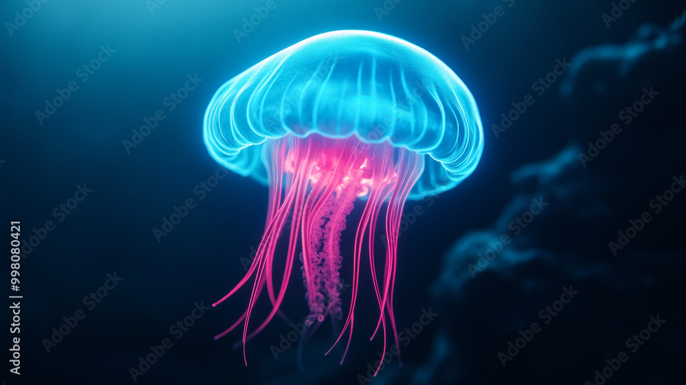 Glowing jellyfish like alien creature floating in a thick foggy atmosphere with luminescent tendrils Glowing jellyfish like alien creature floating in a thick foggy atmosphere with luminescent tendrils
