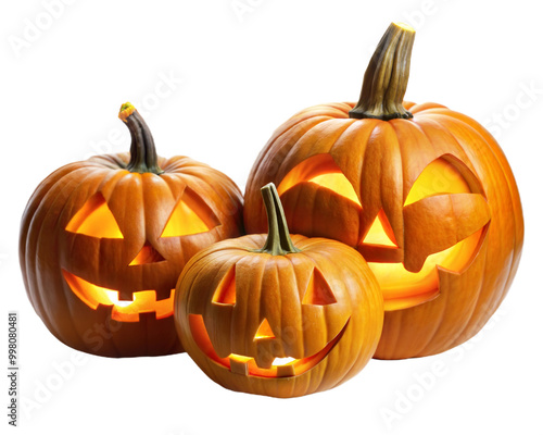 Three Halloween Jack o Lantern Pumpkins with a spooky faces. Isolated on a white background