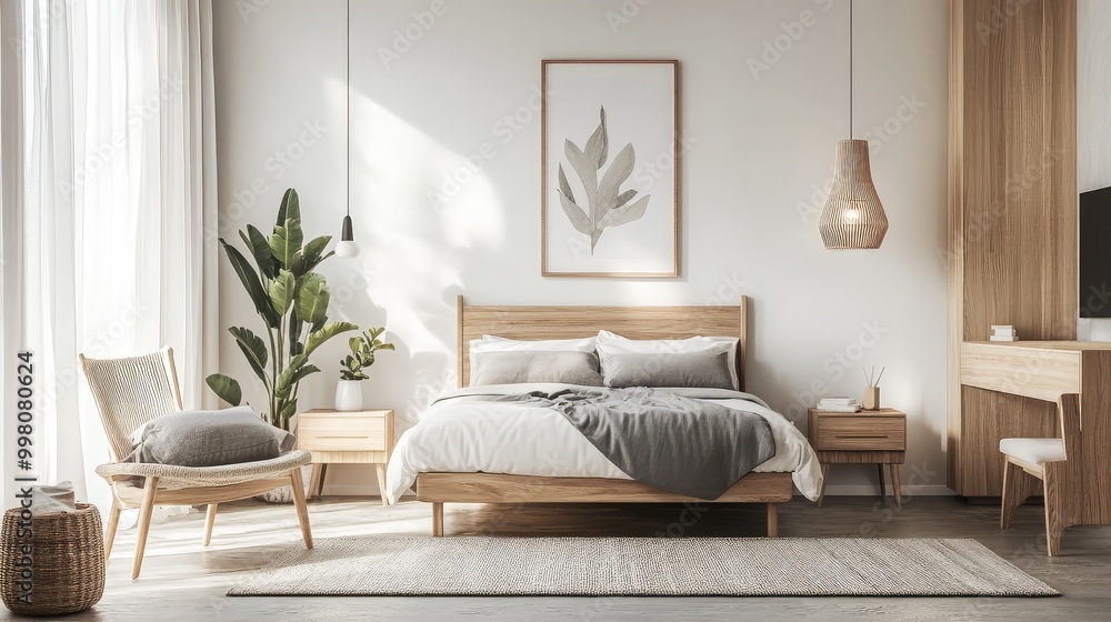 Fototapeta premium A modern Scandinavian-style bedroom, with sleek furniture, neutral tones, and natural wood accents, creating a clean and contemporary space