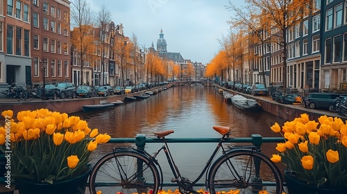 Biking Along Amsterdam s Charming Canals Amidst Tulips and Dutch Architecture photo