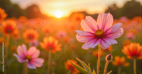 portrait of flower garden at sunset. ai generative