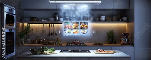 A kitchen with a ceiling-mounted smart assistant that projects cooking videos and recipes onto the surface, and intelligently manages inventory and appliance use photo