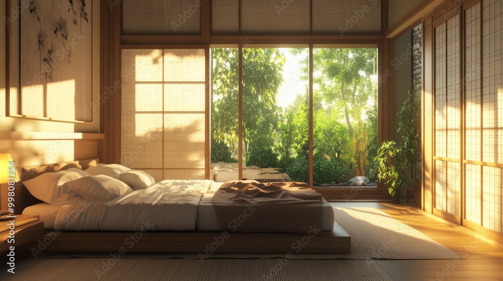 A modern Zen-inspired bedroom, featuring clean lines, neutral colors, and natural materials, creating a peaceful and meditative environment A modern Zen-inspired bedroom, featuring clean lines, neutral colors, and natural materials, creating a peaceful and meditative environment