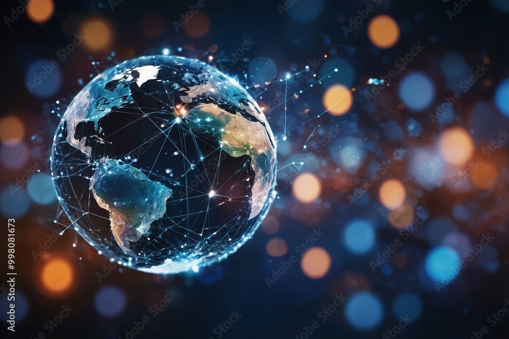 Obraz premium Abstract digital globe with global network connections and images of media content floating around it, representing the world's interconnectedness in modern communication technology